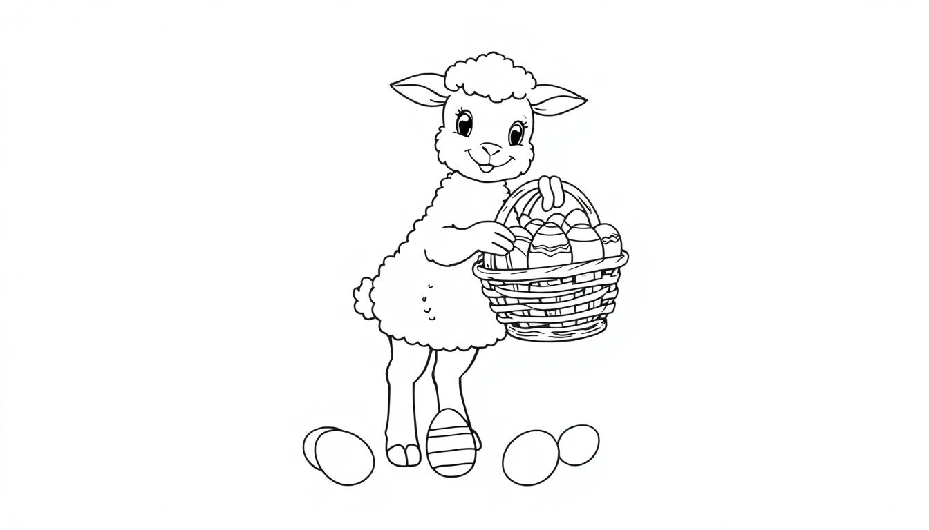 Schwarz-Weiß-Farbtafel eines niedlichen Lamms, das ein Körbchen voller Ostereier trägt.