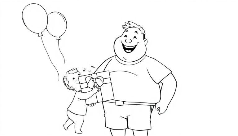 Schwarz-weiß Malvorlage: Ein fröhlicher Vater, der ein Vatertagsgeschenk von seinem Sohn erhält, mit Ballons im Hintergrund.