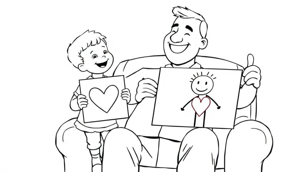 Ein Vater und sein Sohn sitzen zusammen in einem Sessel und halten ihre selbstgemalten Bilder. Der Sohn malt ein Herz, der Vater ein Strichmännchen. Beide lächeln. Eine Farbtafel.