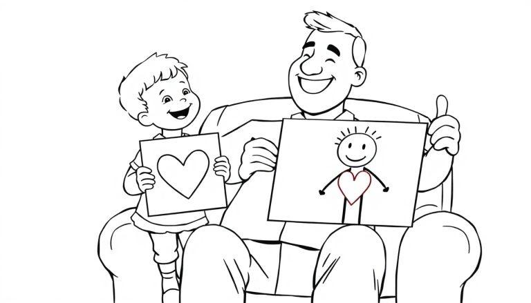 Ein Vater und sein Sohn sitzen zusammen in einem Sessel und halten ihre selbstgemalten Bilder. Der Sohn malt ein Herz, der Vater ein Strichmännchen. Beide lächeln. Eine Farbtafel.