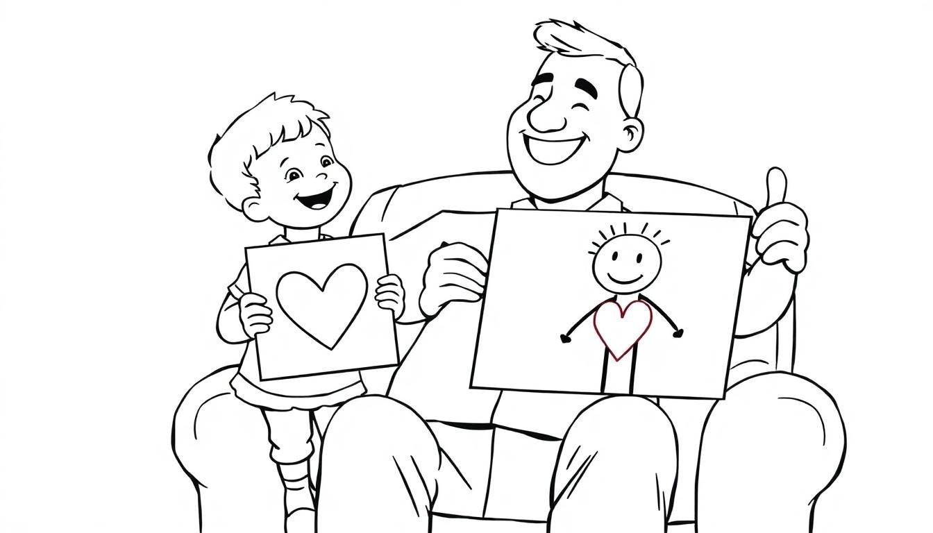 Ein Vater und sein Sohn sitzen zusammen in einem Sessel und halten ihre selbstgemalten Bilder. Der Sohn malt ein Herz, der Vater ein Strichmännchen. Beide lächeln. Eine Farbtafel.