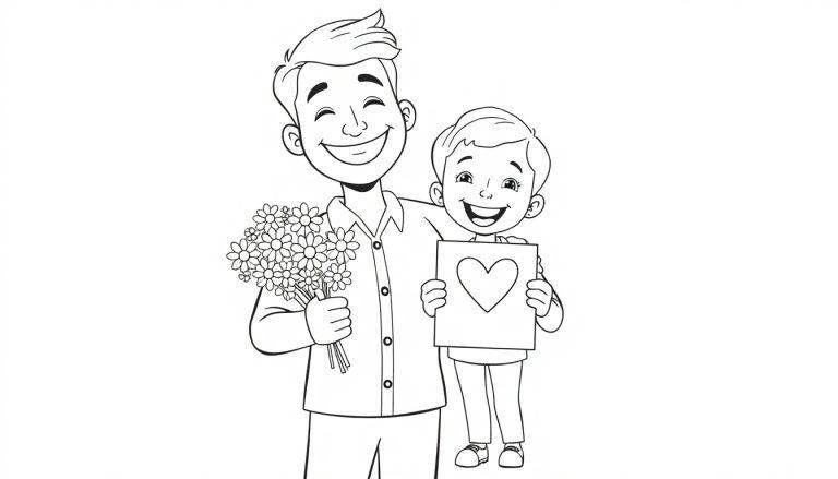 Schwarz-weiß Cartoon-Farbtafel von einem lächelnden Vater, der einen Blumenstrauß hält, und seinem lächelnden Sohn, der ihn umarmt und eine Karte mit einem Herz hält, bereit für Vatertag.