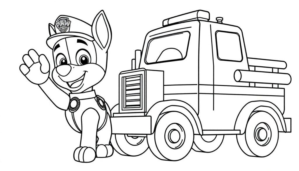 Schwarz-Weiß-Farbtafel: Chase von Paw Patrol winkt fröhlich neben seinem Polizeiauto.