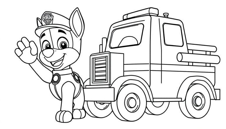 Schwarz-Weiß-Farbtafel: Chase von Paw Patrol winkt fröhlich neben seinem Polizeiauto.