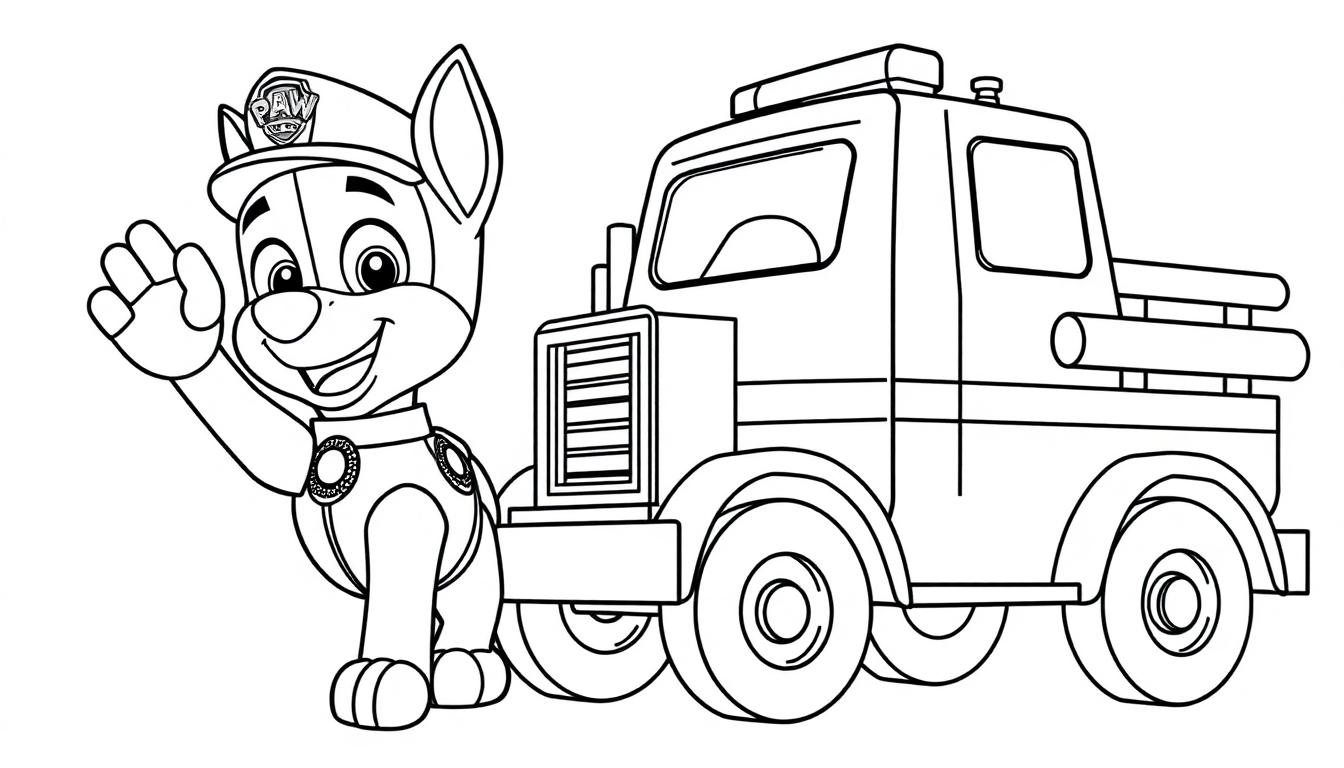 Schwarz-Weiß-Farbtafel: Chase von Paw Patrol winkt fröhlich neben seinem Polizeiauto.