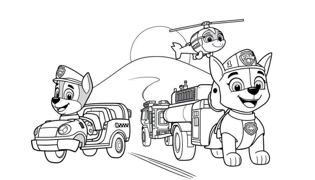 Paw Patrol Farbtafel mit Chase im Polizeiauto, Marshall vor einem Feuerwehrwagen und Skye im Hubschrauber.