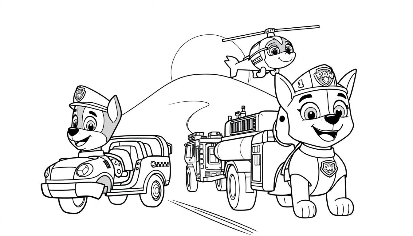Paw Patrol Farbtafel mit Chase im Polizeiauto, Marshall vor einem Feuerwehrwagen und Skye im Hubschrauber.