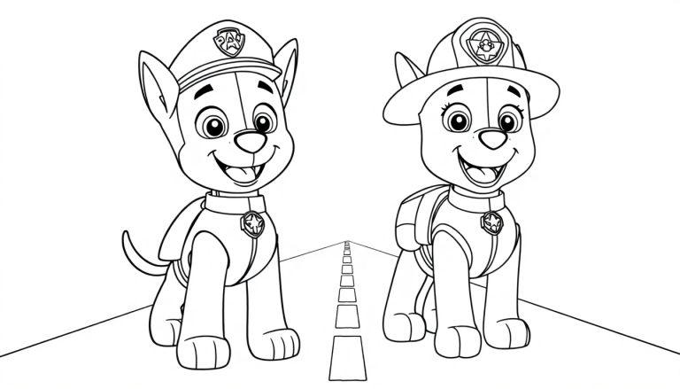 Eine Farbtafel von Chase und Marshall aus Paw Patrol auf einer Straße, bereit für ein Abenteuer.