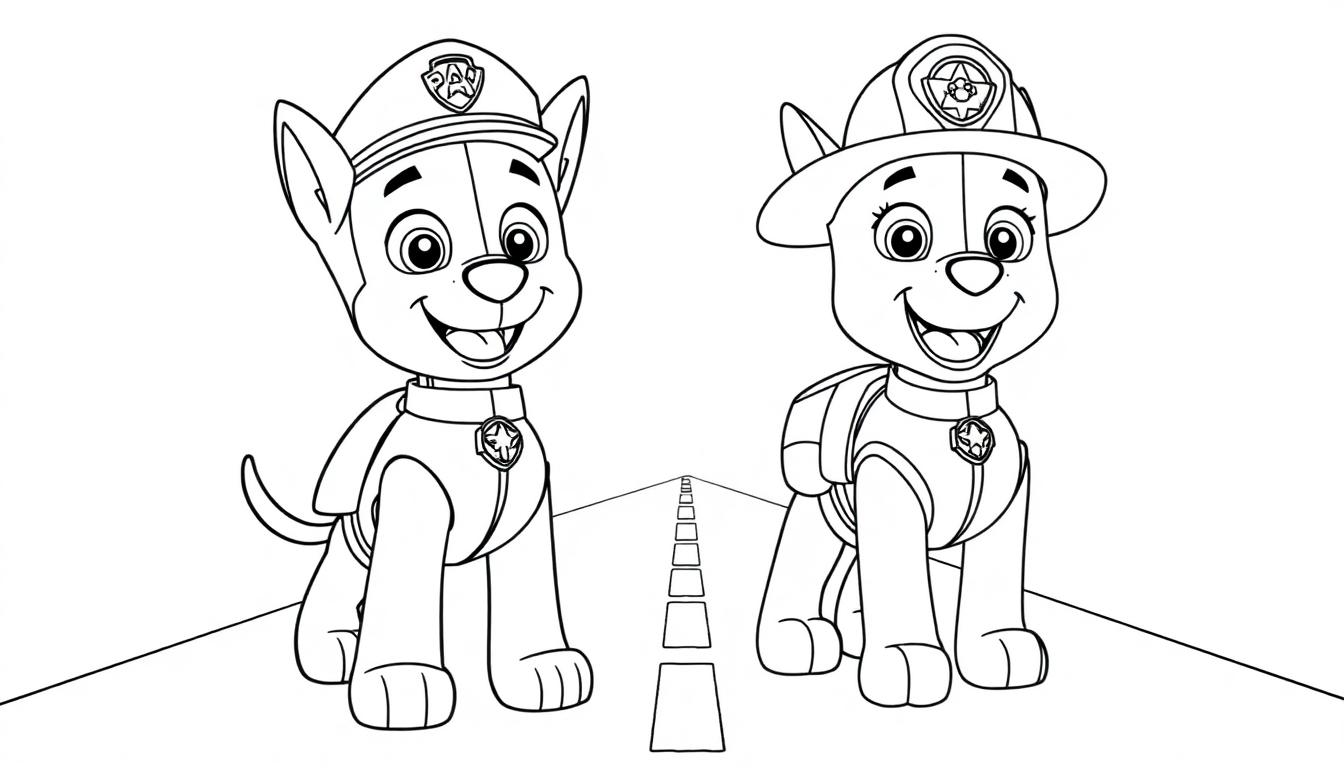 Eine Farbtafel von Chase und Marshall aus Paw Patrol auf einer Straße, bereit für ein Abenteuer.