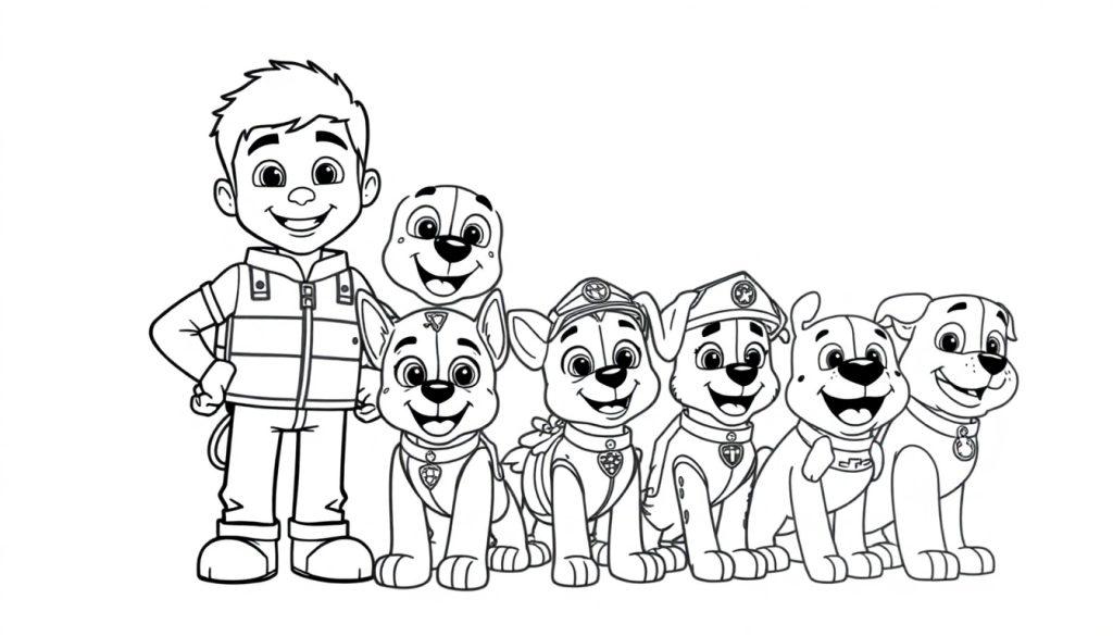 Schwarz-Weiß-Farbtafel der Paw Patrol, mit Ryder und sechs Welpen, die lächeln.