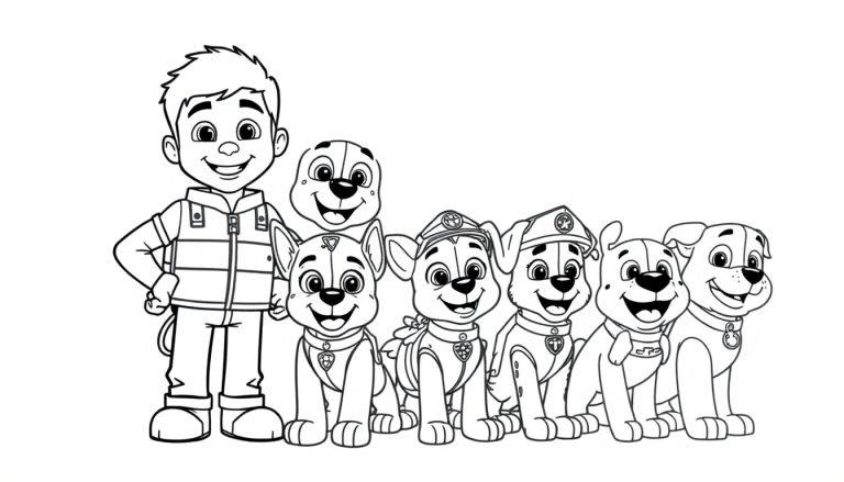 Schwarz-Weiß-Farbtafel der Paw Patrol, mit Ryder und sechs Welpen, die lächeln.