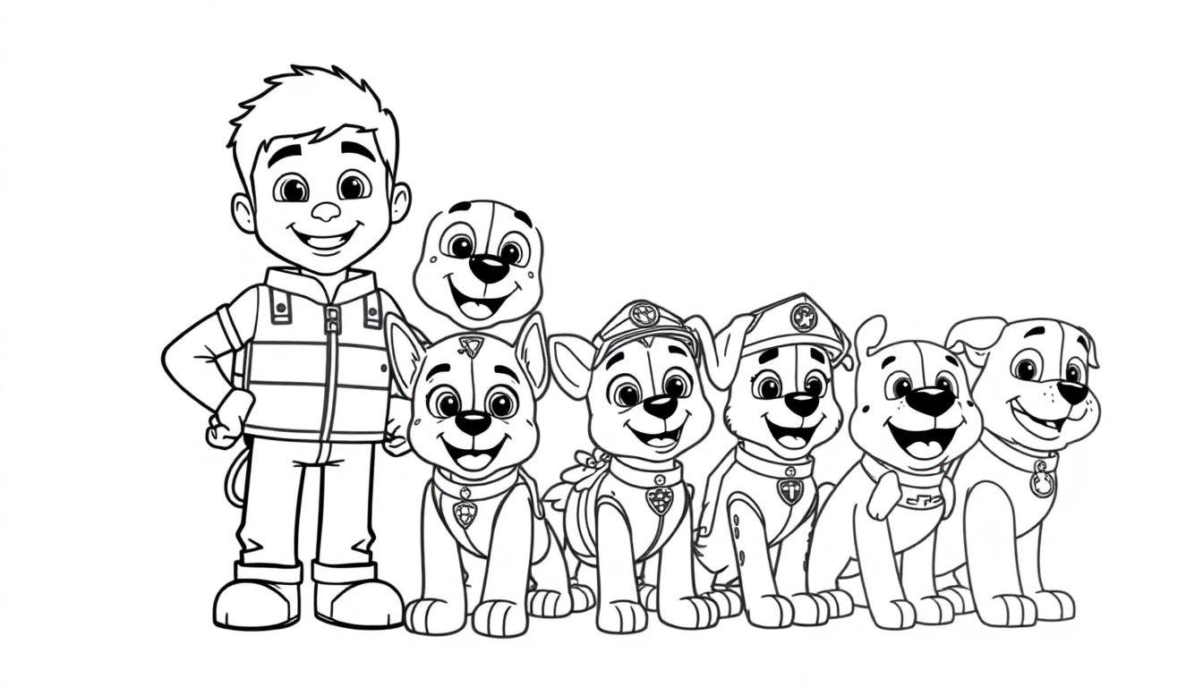 Schwarz-Weiß-Farbtafel der Paw Patrol, mit Ryder und sechs Welpen, die lächeln.