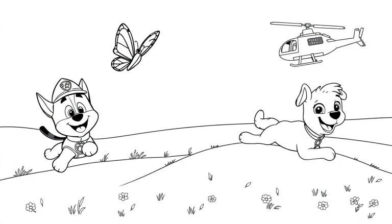 Schwarzweiß-Farbtafel: Ein Hund mit Uniform und Mütze neben einem Hund mit Halsband, mit einem Schmetterling und einem Hubschrauber in einer hügeligen Landschaft.
