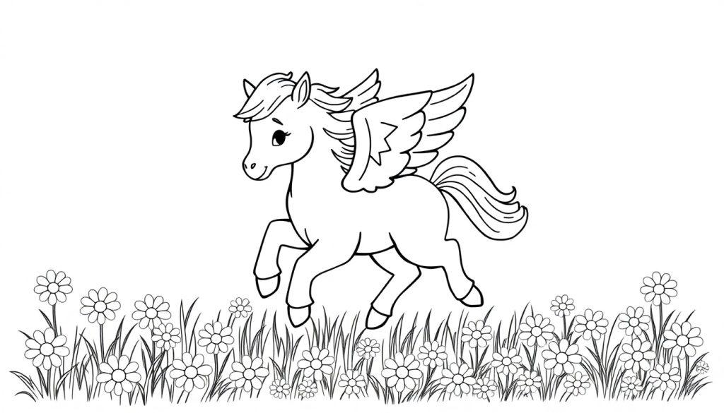 Schwarz-weiße Farbtafel eines niedlichen Pegasus-Fohlens mit funkelnden Sternen auf seinen Flügeln, das auf einer Wiese mit Gänseblümchen steht.
