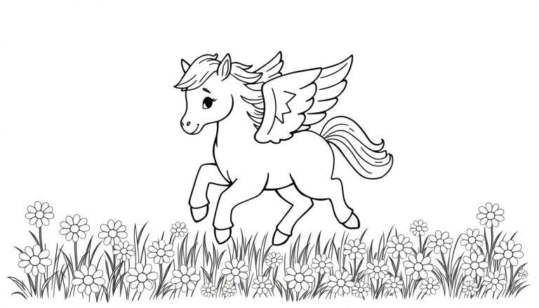 Schwarz-weiße Farbtafel eines niedlichen Pegasus-Fohlens mit funkelnden Sternen auf seinen Flügeln, das auf einer Wiese mit Gänseblümchen steht.