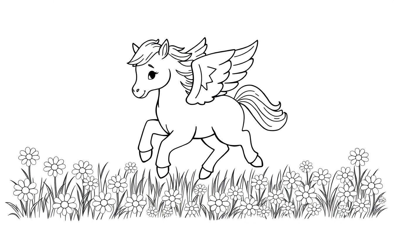 Schwarz-weiße Farbtafel eines niedlichen Pegasus-Fohlens mit funkelnden Sternen auf seinen Flügeln, das auf einer Wiese mit Gänseblümchen steht.