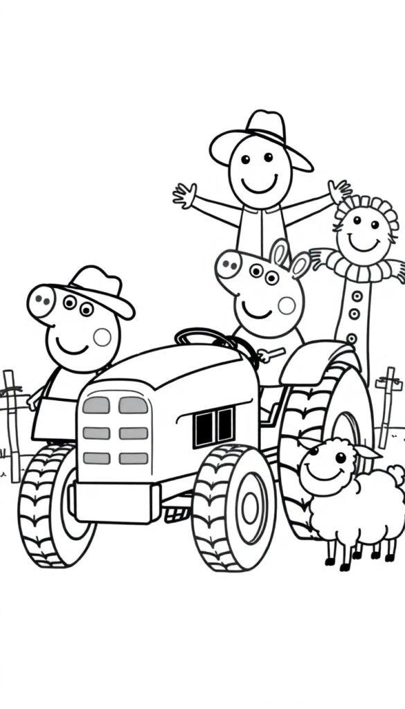 Peppa Wutz und Freunde auf einem Traktor mit Vogelscheuche und Schaf auf dem Bauernhof