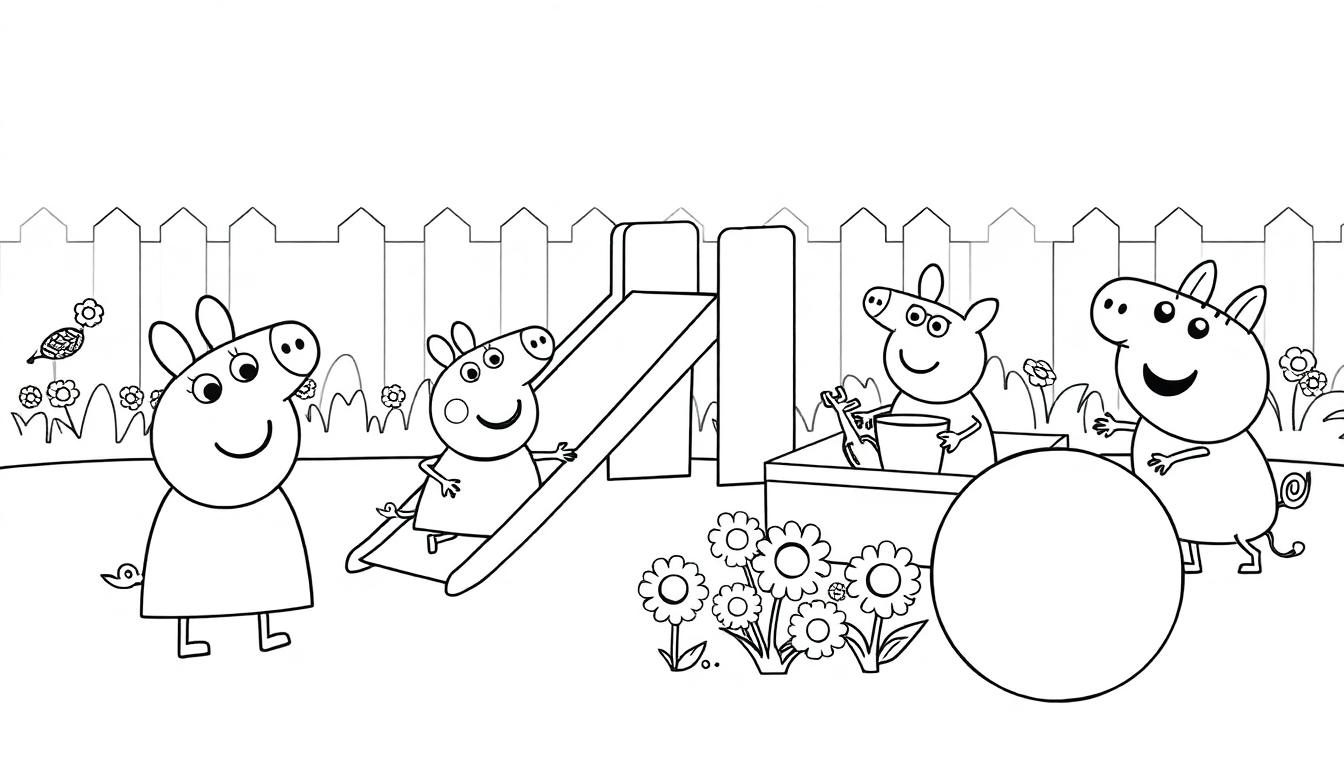 Peppa Wutz und Freunde auf einer Farbtafel im Garten.