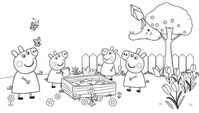 Peppa Wutz und ihre Familie spielen im Garten, eine Schwarz-Weiß-Farbtafel.