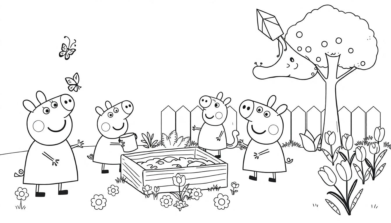 Peppa Wutz und ihre Familie spielen im Garten, eine Schwarz-Weiß-Farbtafel.