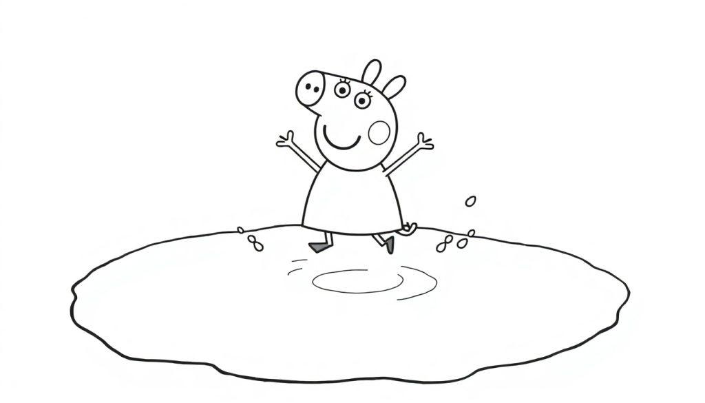 Schwarz-weiß Farbtafel von Peppa Wutz, die mit beiden Armen ausgestreckt in einer Pfütze voller Wasserspritzer springt.