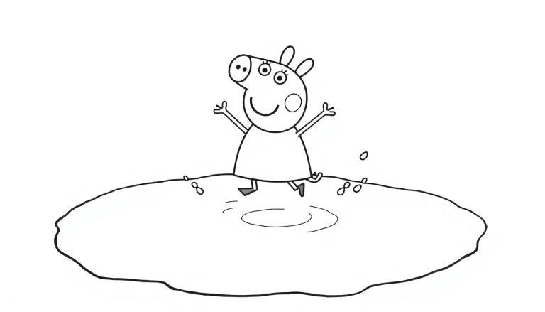 Schwarz-weiß Farbtafel von Peppa Wutz, die mit beiden Armen ausgestreckt in einer Pfütze voller Wasserspritzer springt.