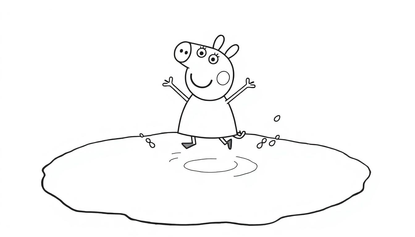 Schwarz-weiß Farbtafel von Peppa Wutz, die mit beiden Armen ausgestreckt in einer Pfütze voller Wasserspritzer springt.