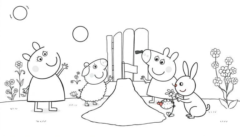 Peppa Wutz und Freunde im Garten, schwarz-weiße Farbtafel-Zeichnung.