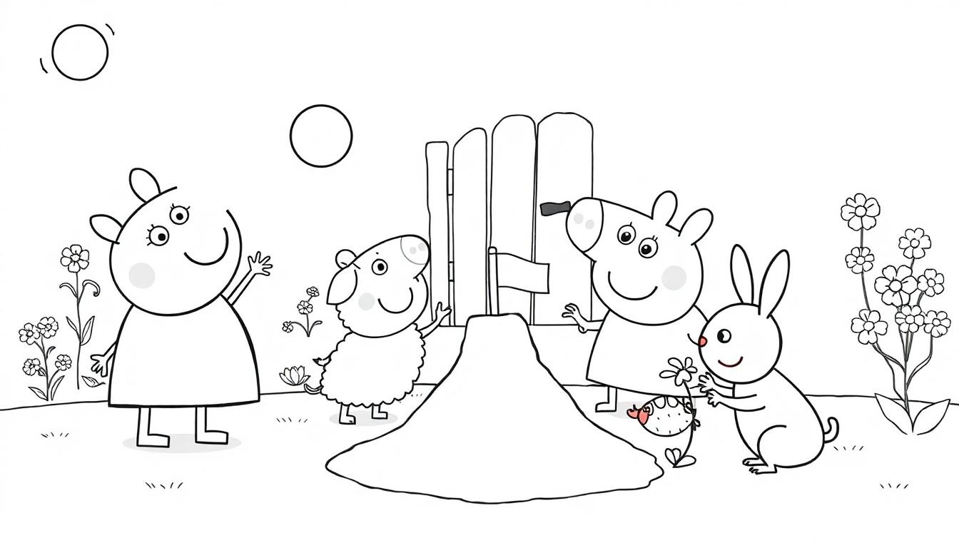 Peppa Wutz und Freunde im Garten, schwarz-weiße Farbtafel-Zeichnung.