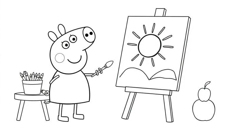 Peppa Wutz malt ein Bild mit Sonnen- und Hügelmotiv, eine Farbtafel zum Ausmalen.