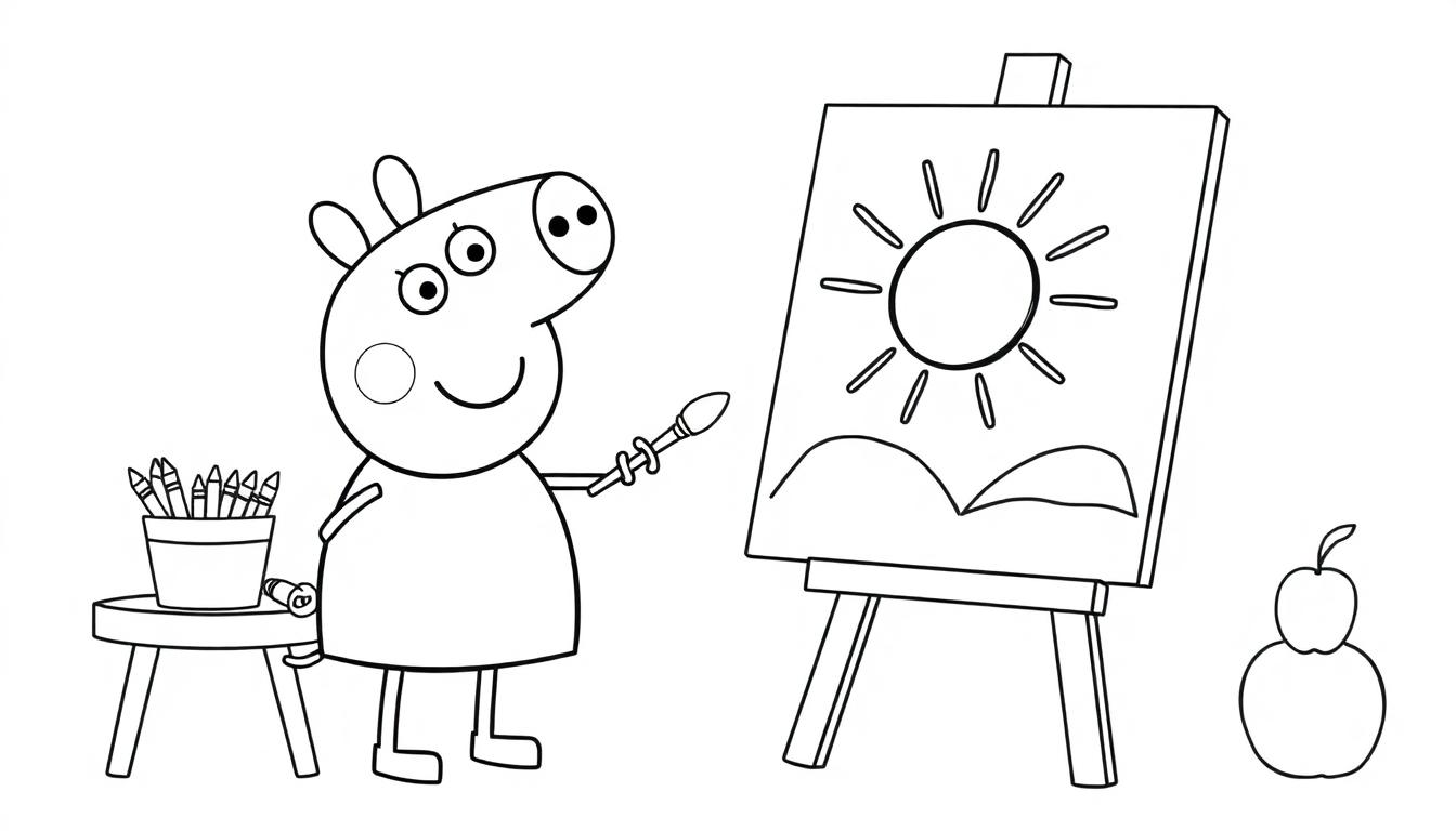 Peppa Wutz malt ein Bild mit Sonnen- und Hügelmotiv, eine Farbtafel zum Ausmalen.