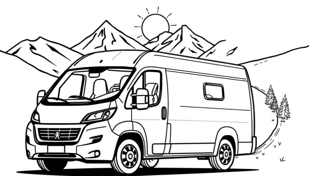 Ein schwarz-weißer Peugeot Boxer Camper steht auf einer Straße mit Bäumen auf der einen Seite und Bergen im Hintergrund unter einer strahlenden Sonne.
