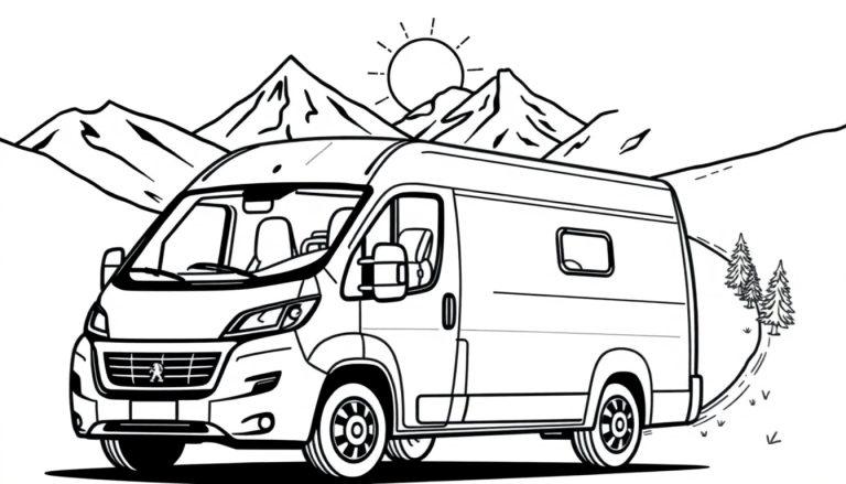 Ein schwarz-weißer Peugeot Boxer Camper steht auf einer Straße mit Bäumen auf der einen Seite und Bergen im Hintergrund unter einer strahlenden Sonne.