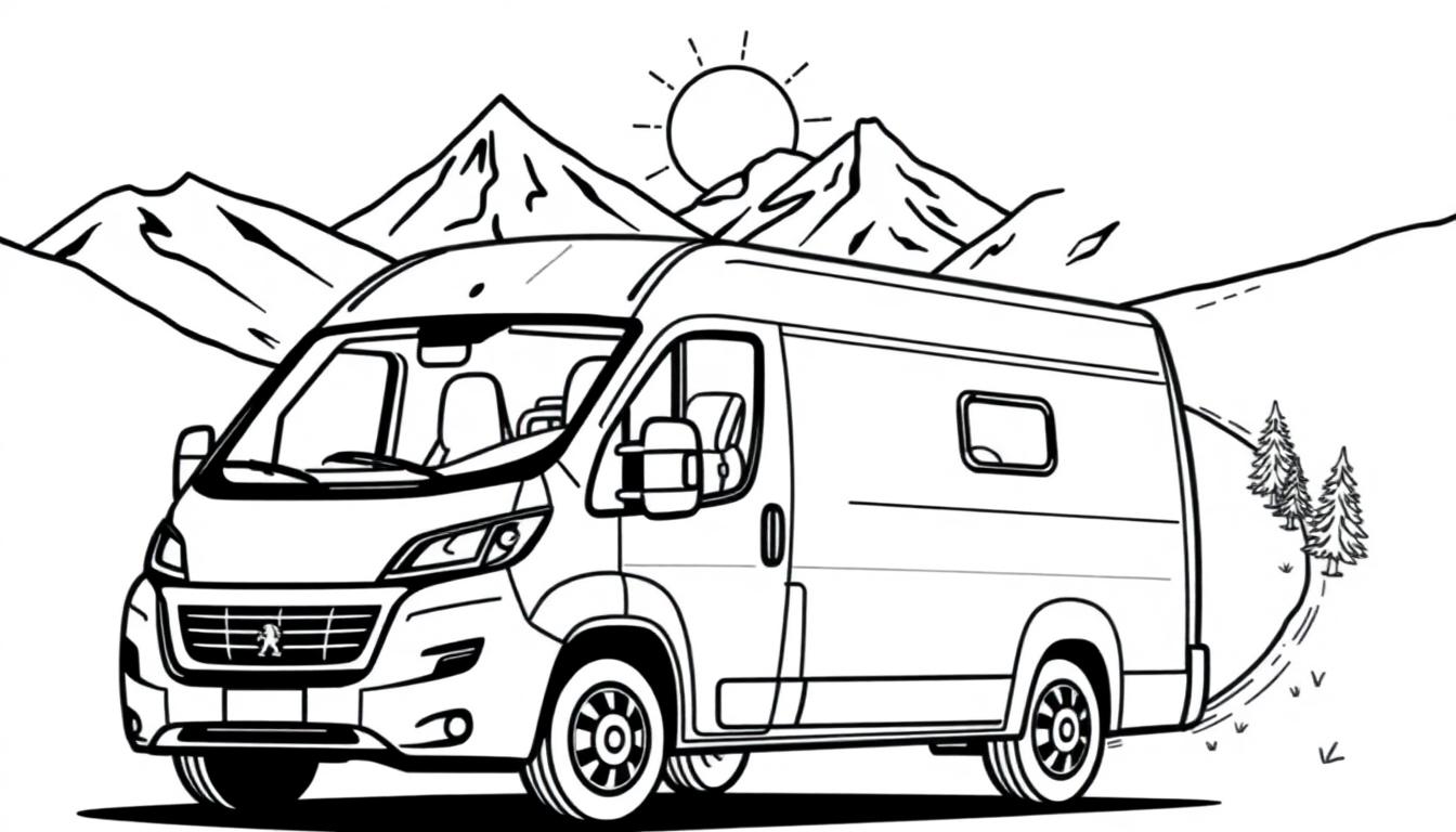 Ein schwarz-weißer Peugeot Boxer Camper steht auf einer Straße mit Bäumen auf der einen Seite und Bergen im Hintergrund unter einer strahlenden Sonne.