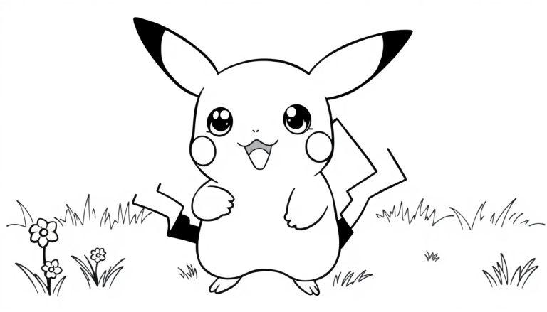 Schwarz-Weiß-Farbtafel von Pikachu im Gras mit Blumen.