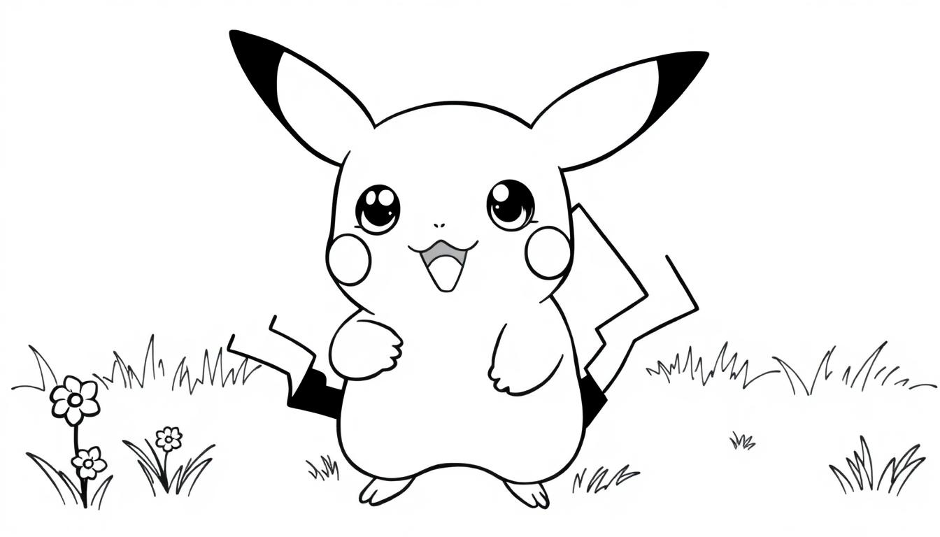 Schwarz-Weiß-Farbtafel von Pikachu im Gras mit Blumen.