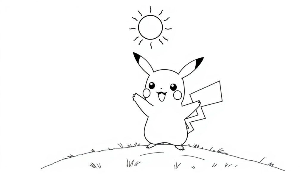 Eine schwarz-weiße Farbtafel von Pikachu, das auf einem Hügel steht und winkt.