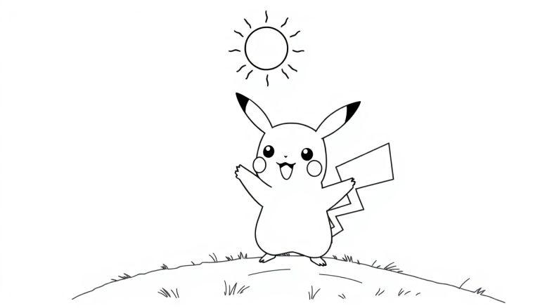 Eine schwarz-weiße Farbtafel von Pikachu, das auf einem Hügel steht und winkt.