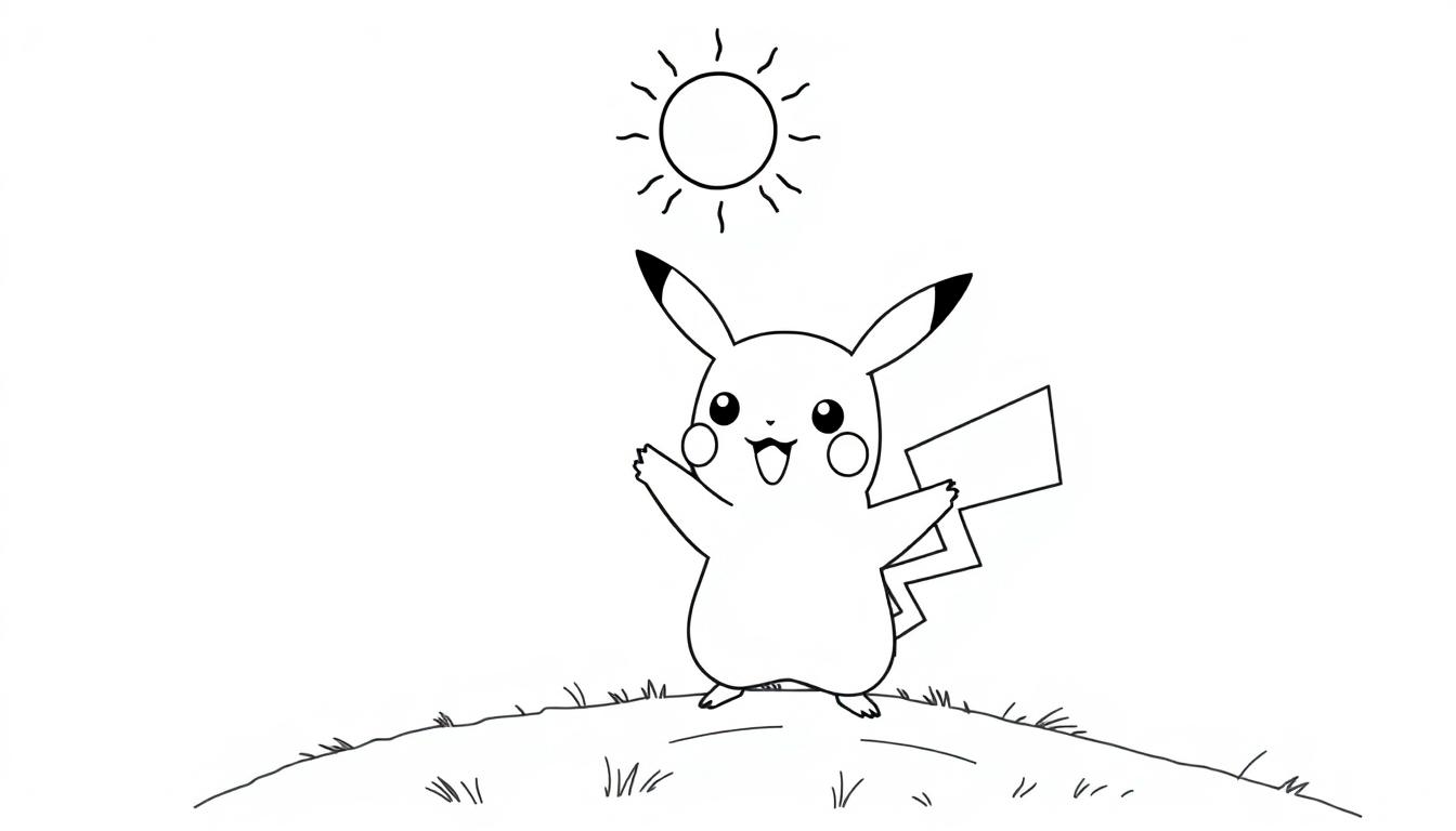 Eine schwarz-weiße Farbtafel von Pikachu, das auf einem Hügel steht und winkt.