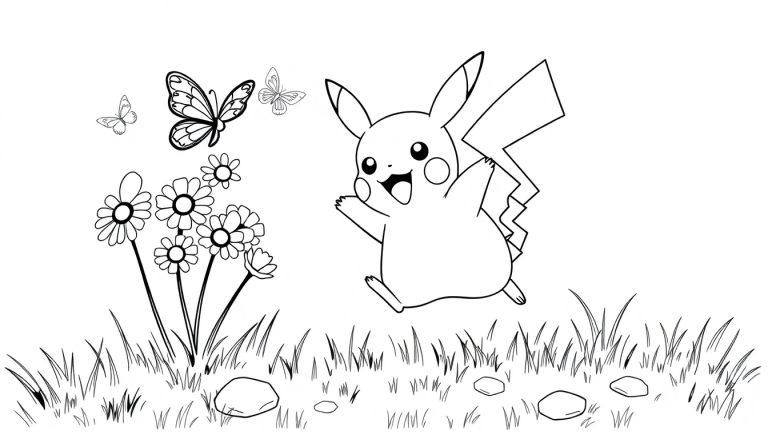 Schwarz-Weiß-Farbtafel-Zeichnung von Pikachu, das auf einer Blumenwiese rennt und Schmetterlingen nachjagt.