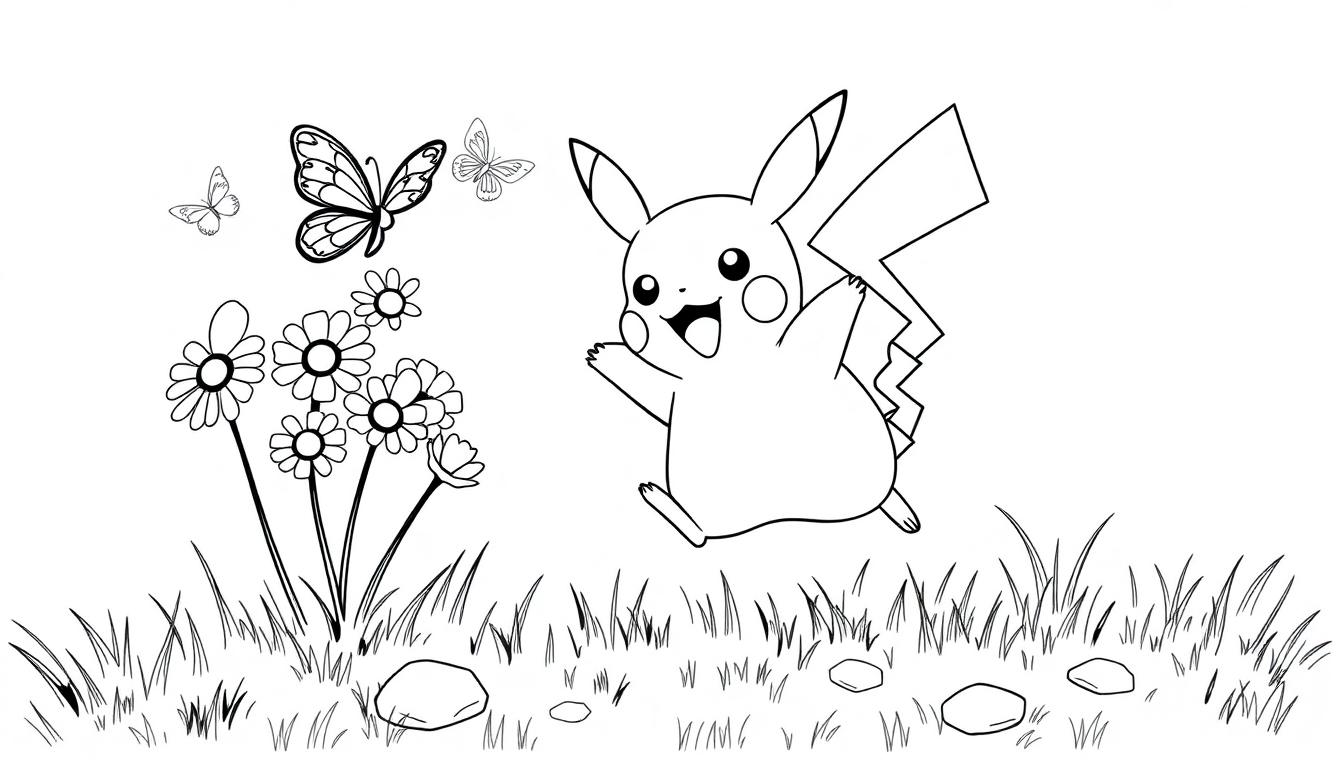 Schwarz-Weiß-Farbtafel-Zeichnung von Pikachu, das auf einer Blumenwiese rennt und Schmetterlingen nachjagt.