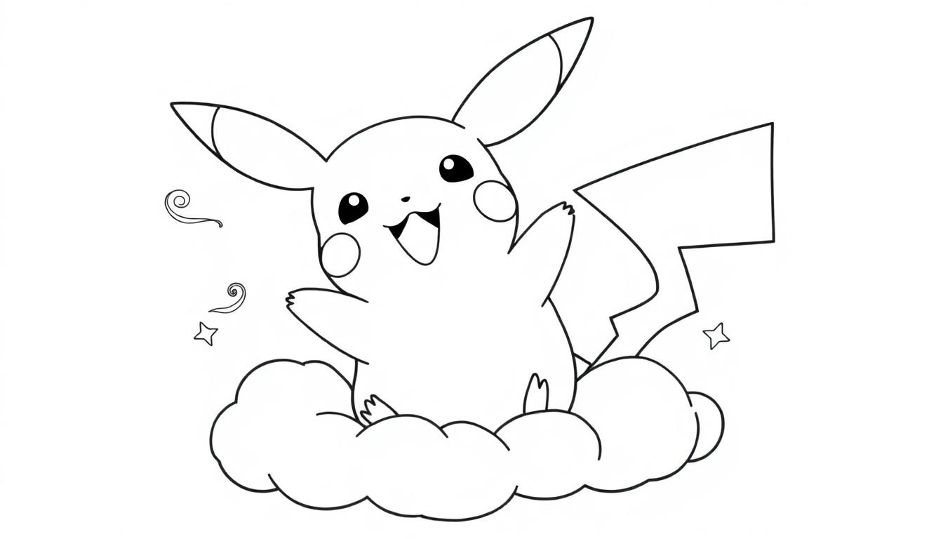 Schwarz-weiße Farbtafel eines niedlichen Pikachu, das auf einer Wolke sitzt und mit seinen Ohren malt.