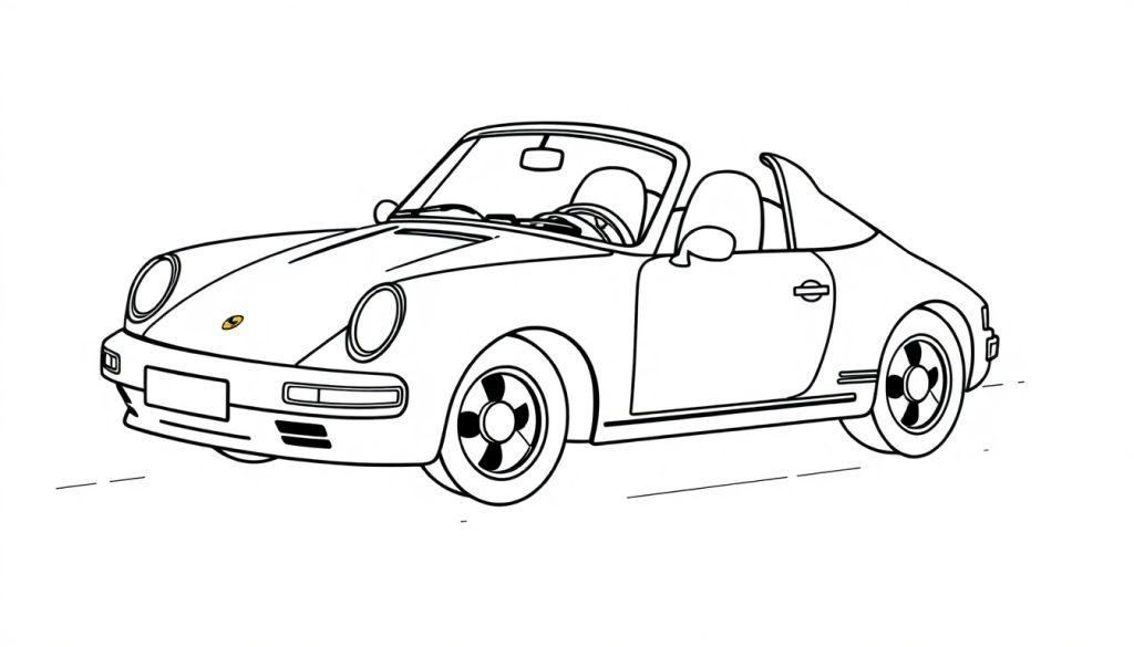 Eine schwarz-weiße Farbtafel eines Porsche 911 Targa, bereit zum Ausmalen für Kinder.