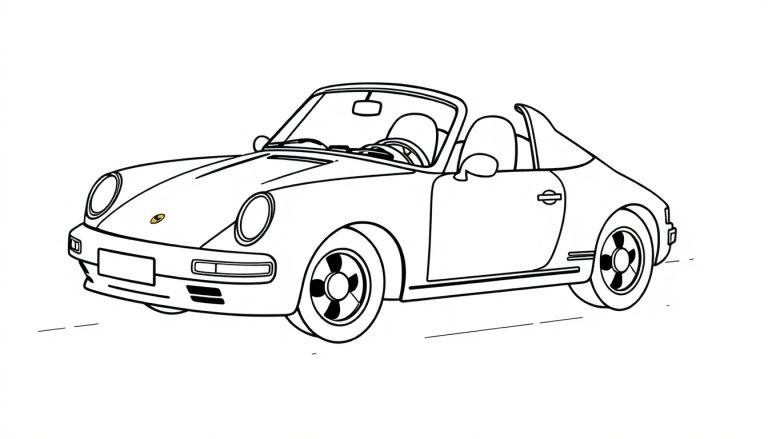 Eine schwarz-weiße Farbtafel eines Porsche 911 Targa, bereit zum Ausmalen für Kinder.