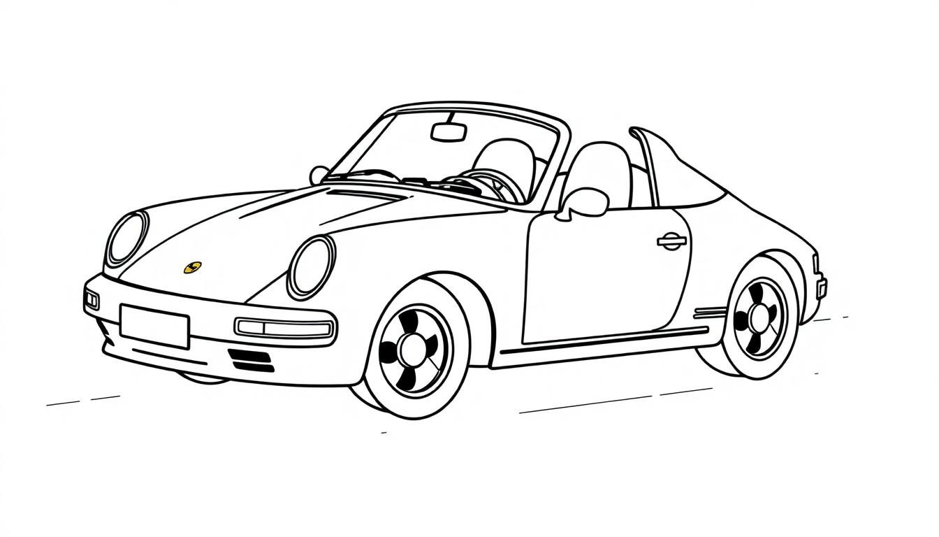 Eine schwarz-weiße Farbtafel eines Porsche 911 Targa, bereit zum Ausmalen für Kinder.