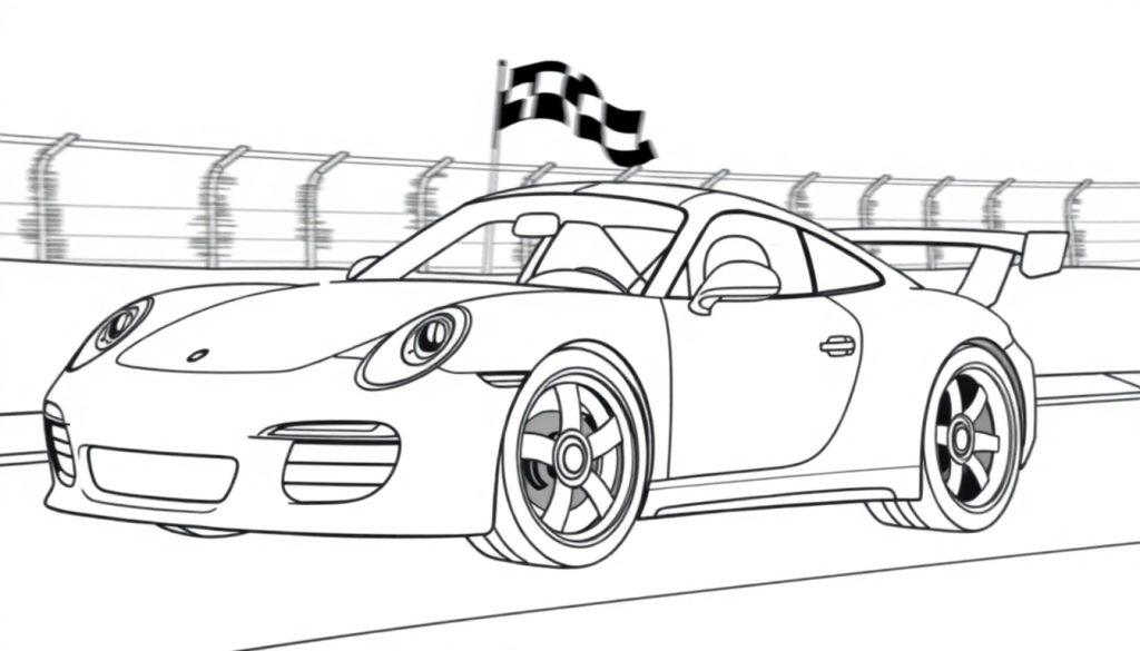 Schwarz-weiße Farbtafel eines Porsche-Rennwagens auf einer Rennstrecke.