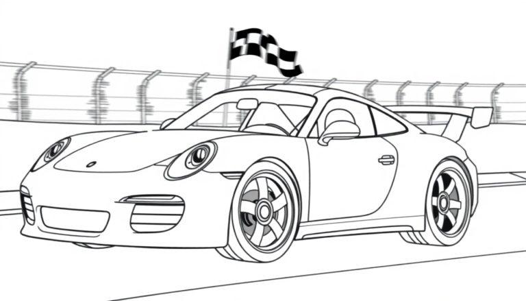 Schwarz-weiße Farbtafel eines Porsche-Rennwagens auf einer Rennstrecke.