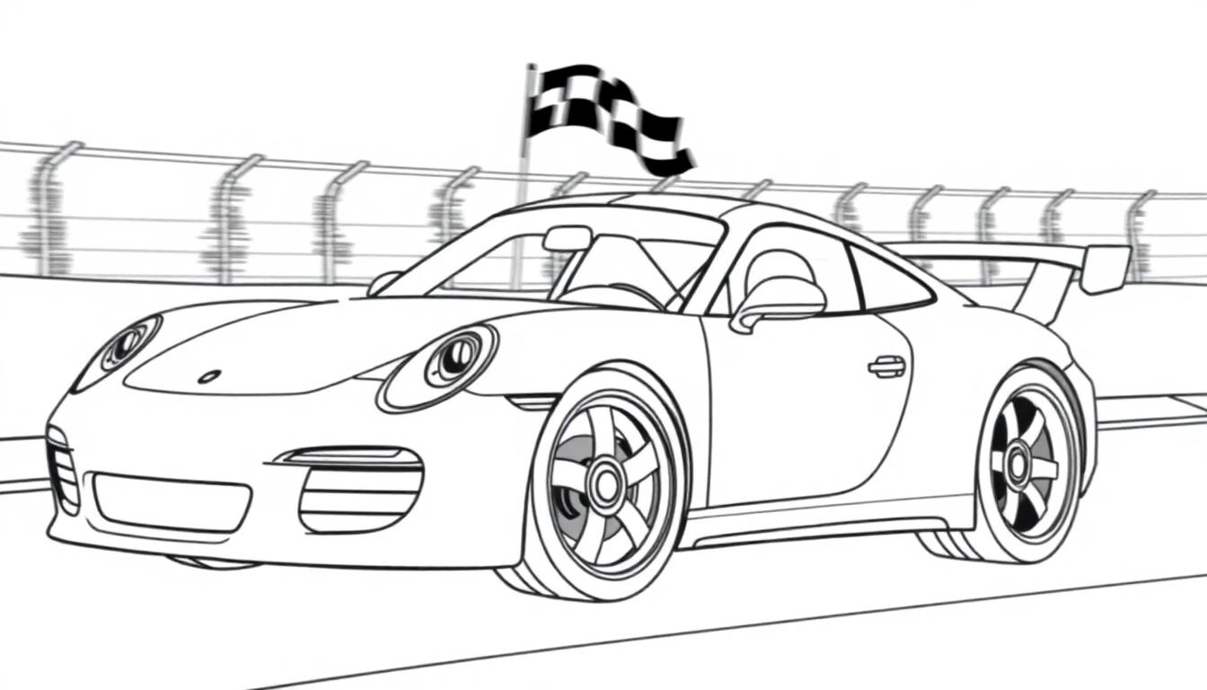 Schwarz-weiße Farbtafel eines Porsche-Rennwagens auf einer Rennstrecke.