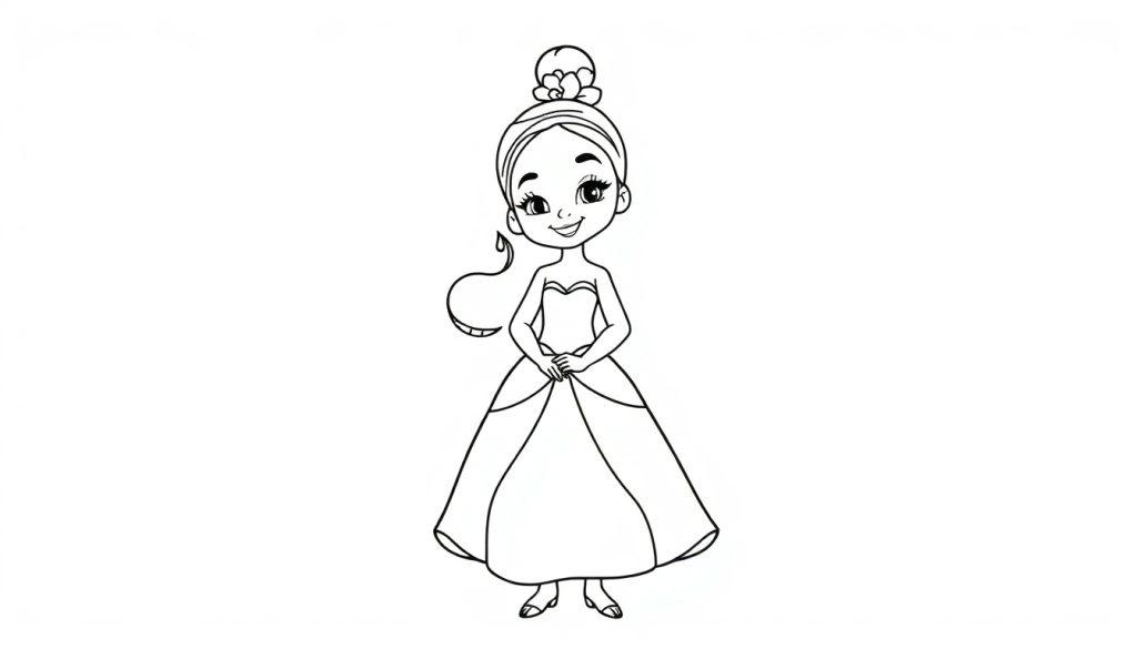 Eine Farbtafel-Skizze von Prinzessin Tiana in ihrem Ballkleid.