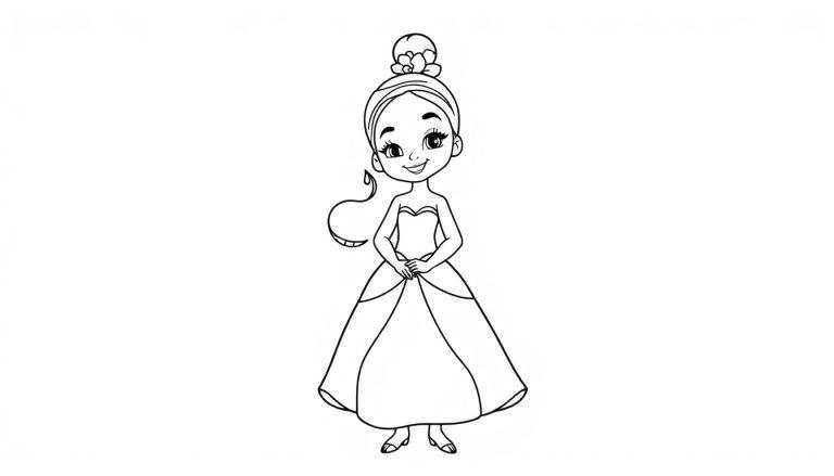 Eine Farbtafel-Skizze von Prinzessin Tiana in ihrem Ballkleid.